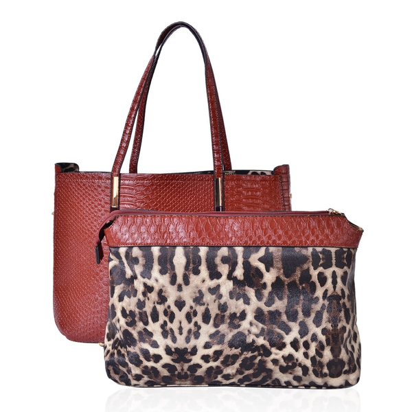Set of 2 - Tan and Chocolate Colour Snake Embossed Handbag (Size 38X26X13 Cm) and Leopard Pattern Po