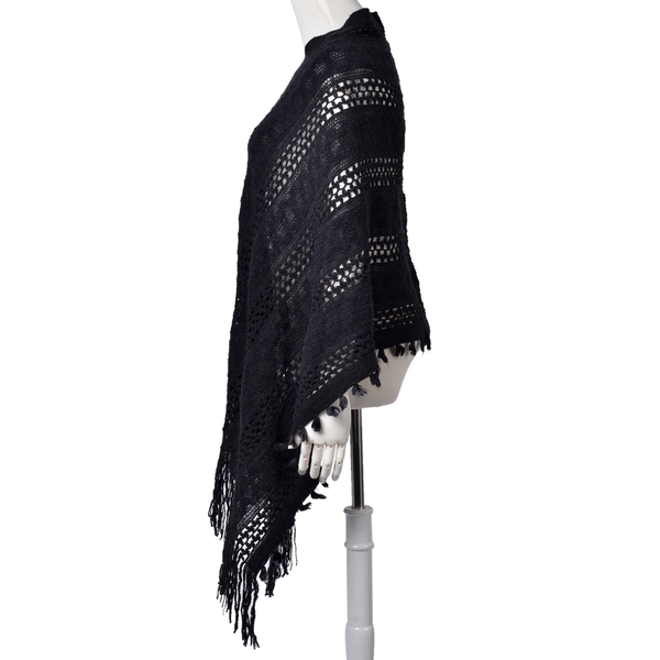 Black Colour Knitted Poncho with Fringes (Free Size)