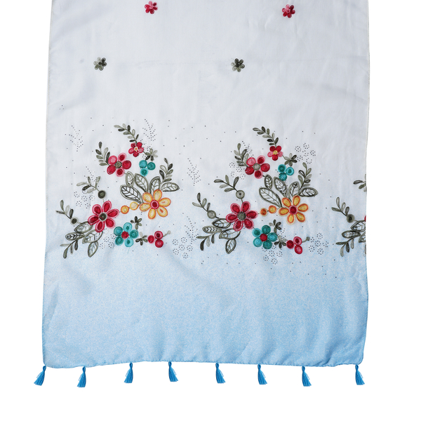 Floral Embroidery Scarf (Size 180x65Cm) - Blue and White