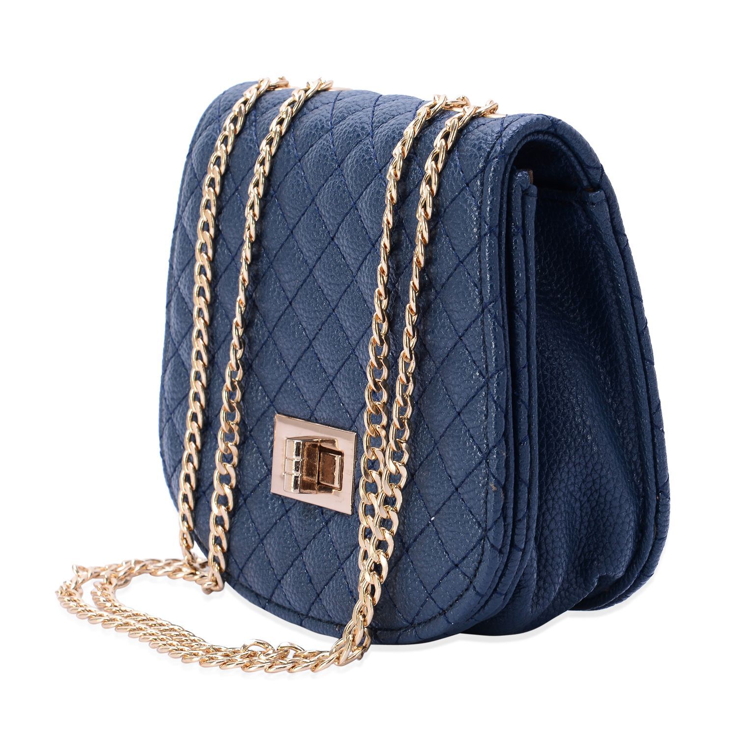 Navy Blue Colour Diamond Pattern Embossed Handbag with Chain Strap (Size 16x15 Cm)