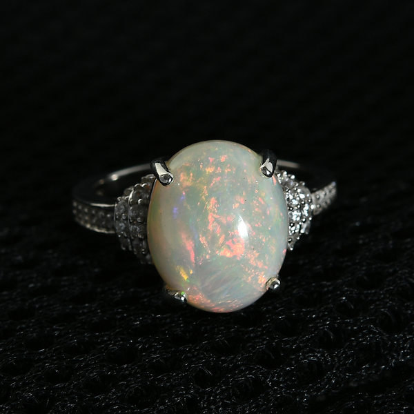Extremely Rare Size Wegel Tena Opal (OV 3.158 Cts) and Natural Cambodian Zircon Ring in Platinum Overlay Sterling Silver 3.50 Ct.