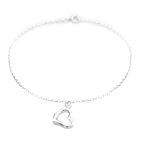 9K White Gold Heart Charm Round Belcher Bracelet (Size 7.25)