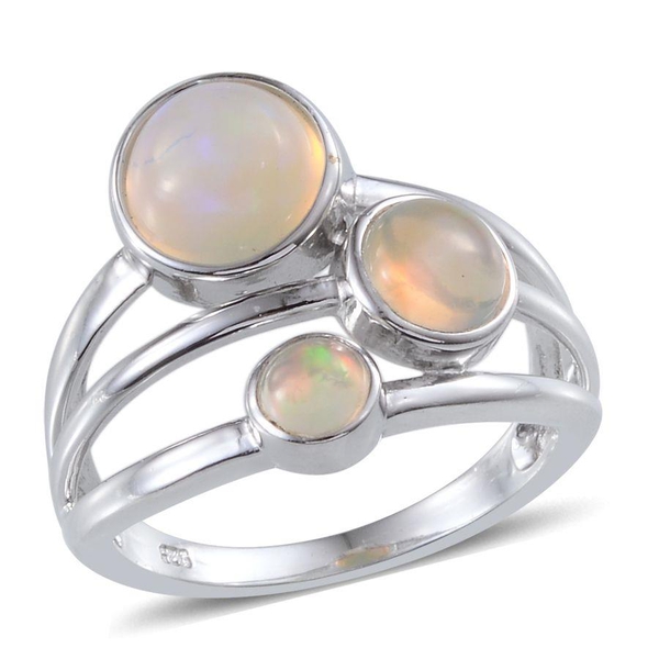 Ethiopian Welo Opal (Rnd 1.25 Ct) 3 Stone Ring in Platinum Overlay Sterling Silver 1.900 Ct.
