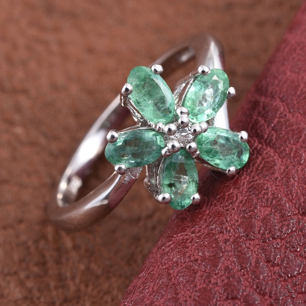 Kagem Zambian Emerald (Ovl), White Topaz Floral Ring in Platinum Overlay Sterling Silver 1.000 Ct.
