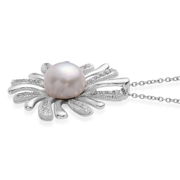 Fresh Water White Pearl and Simulated White Diamond Pendant in Silver Tone with Stainless Steel Chain (Size 20)