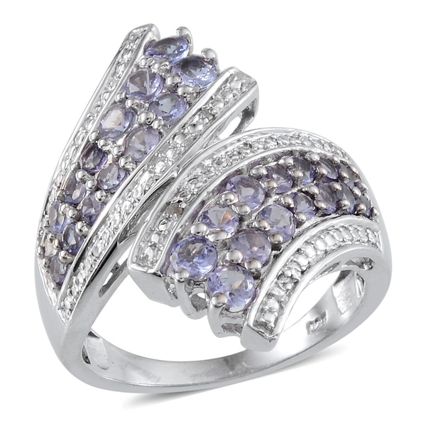 Tanzanite (Rnd), Diamond Crossover Ring in Platinum Overlay Sterling Silver 1.770 Ct.