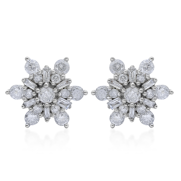 9K White Gold 1 Carat Diamond Snowflake Stud Earrings SGL Certified I3 G-H.
