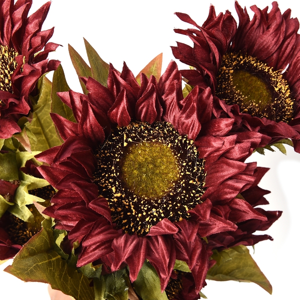 Set of 3 - Artificial 3 Heads Sunflower (Size 68) - Dark Red and Green