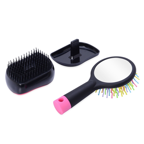 Set of 2 - Pink and Black Colour Styler and Pink Colour Rainbow Comb with Mirror
