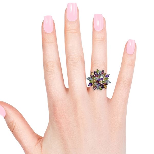 Amethyst (Pear), Hebei Peridot and Multi Gemstone Flower Ring in Platinum Overlay Sterling Silver 10.000 Ct. Silver wt 10.00 Gms.
