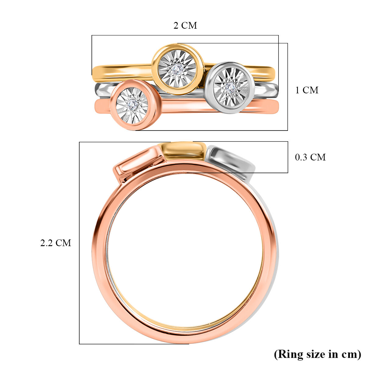 Set of 3 - Diamond Stackable Ring in Platinum Overlay and 18K Rose and Yellow Gold Vermeil Plated Sterling Silver 0.03 Ct.