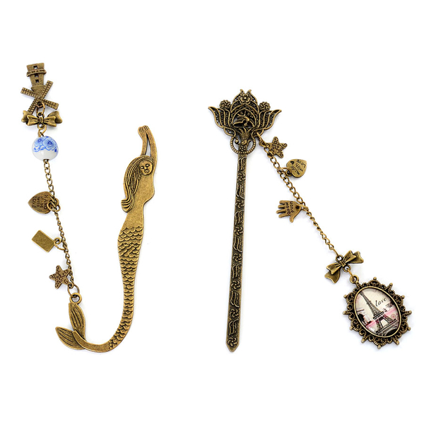 Set of  2 - Mermaid and Floral Pattern Bookmark with Ceramic and Multi Style Charm in Goldtone