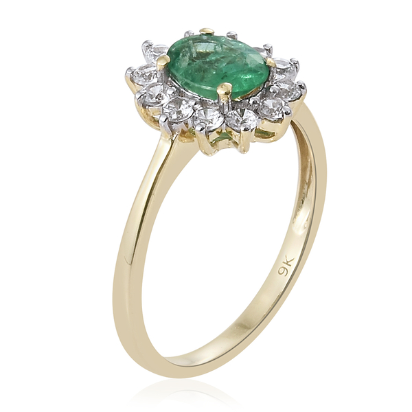 Limited Edition- 9K Yellow Gold AAA Kagem Zambian Emerald and Natural Cambodian Zircon Halo Ring 1.50 Ct