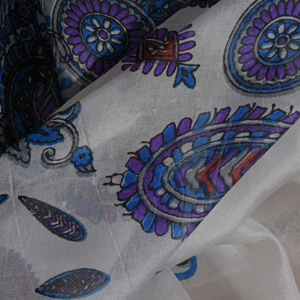 100% Mulberry Silk Blue, White and Multi Colour Handscreen Floral and Paisley Printed Scarf (Size 200X180 Cm)