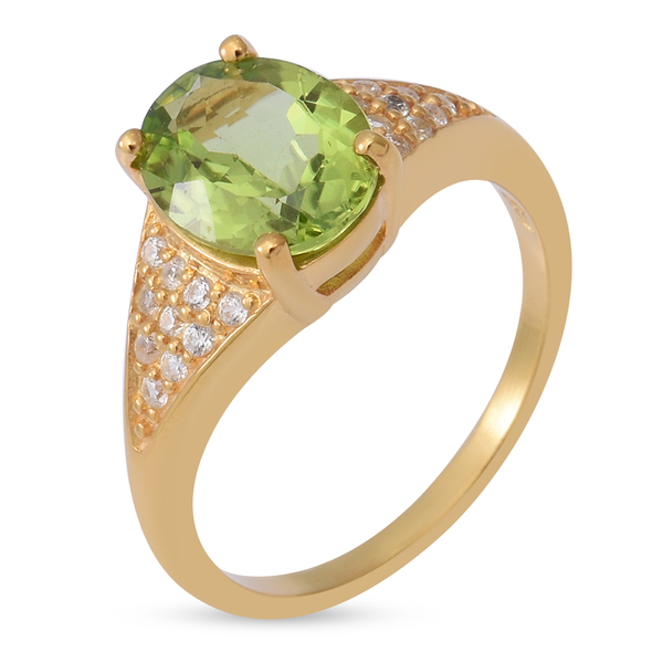 Natural Hebei Peridot and Natural Cambodian Zircon Ring in Yellow Gold Overlay Sterling Silver 3.02 Ct.