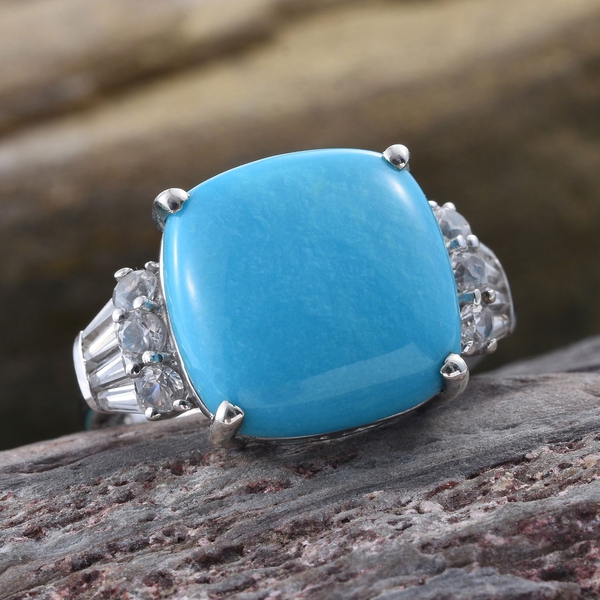 Preview Auction-Arizona Sleeping Beauty Turquoise (Cush 9.00 Ct), Natural Cambodian Zircon Ring in Platinum Overlay Sterling Silver 10.000 Ct.