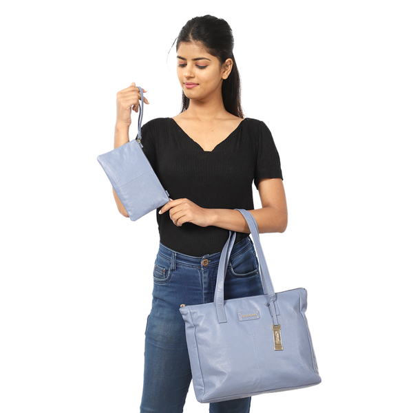 Union Code 100% Genuine Leather Blue Tote Bag and RFID Wristlet/Clutch Bag