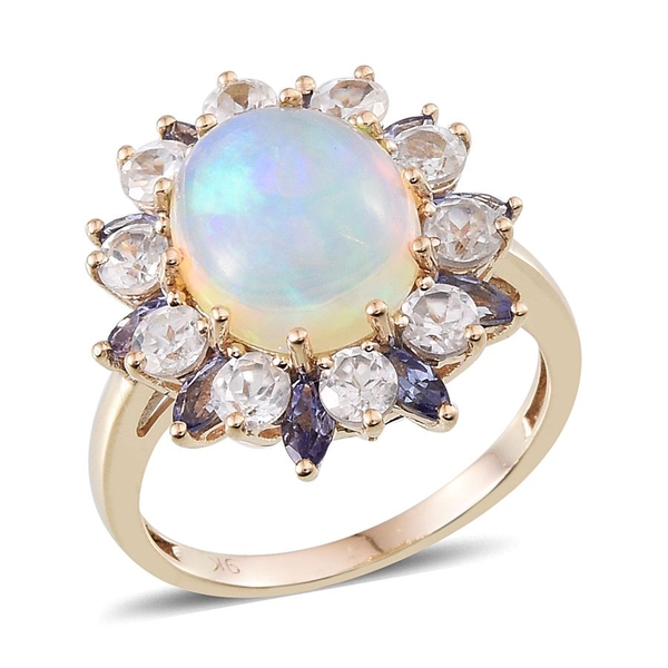 9K Y Gold Ethiopian Welo Opal (Ovl 2.50 Ct), Tanzanite and Natural Cambodian Zircon Ring 5.750 Ct.
