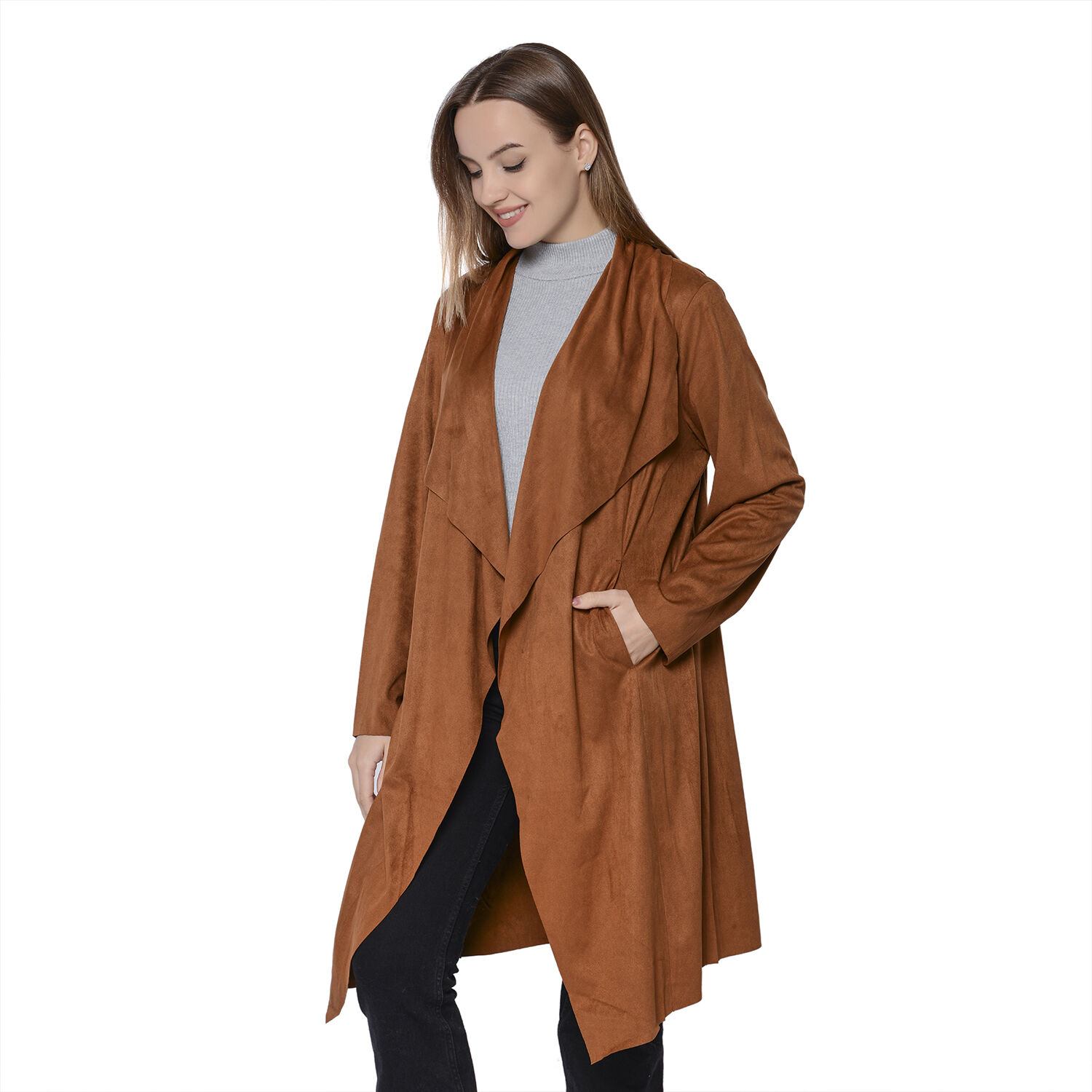 LA MAREY Super Soft Faux Suede Long Waterfall Cardigan in Tan Colour (Size XXL, 22-24)