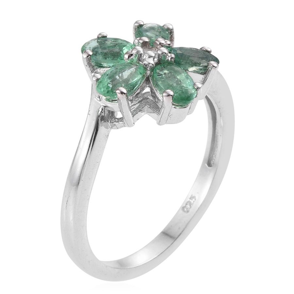 Kagem Zambian Emerald (Ovl), White Topaz Floral Ring in Platinum Overlay Sterling Silver 1.000 Ct.