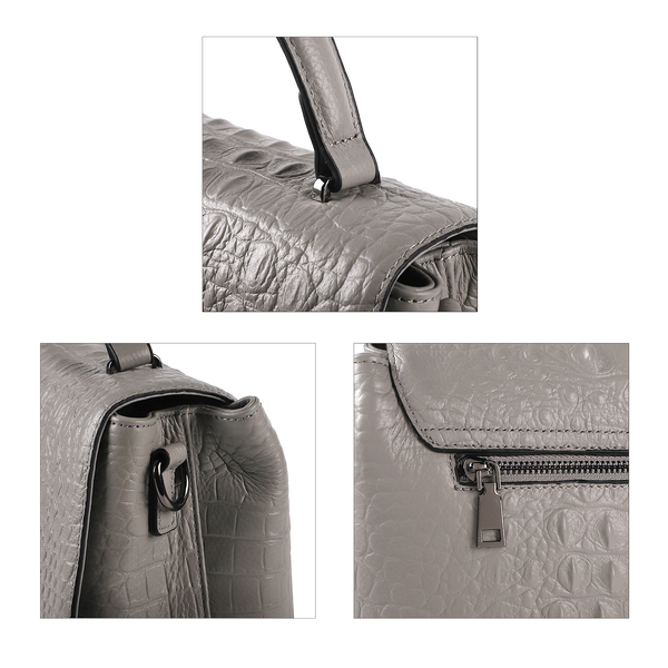 SENCILLEZ 100% Genuine Leather Croc Embossed Convertible Bag with Long Strap (Size 29x23x13 Cm) - Light Grey