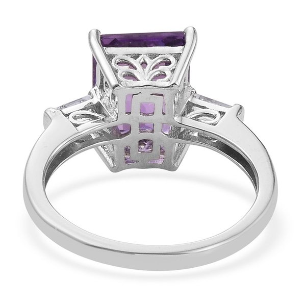 Natural Uruguay Amethyst (Oct 4.25 Ct), White Topaz Ring in Platinum Overlay Sterling Silver 4.500 Ct.