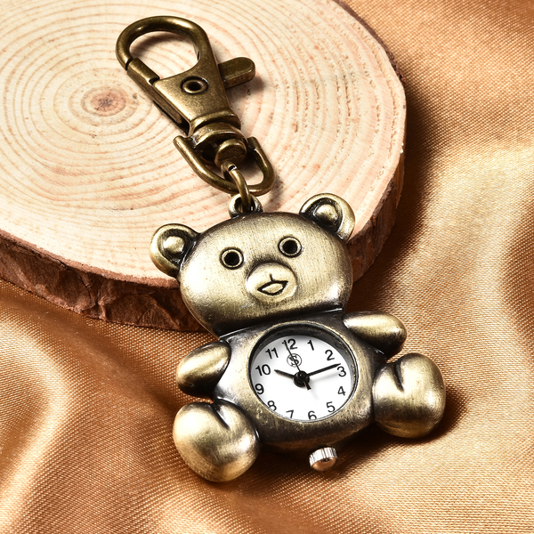 STRADA Japanese Movement White Dial Bear Pattern Water Resistant Key Chain Watch with Buckle