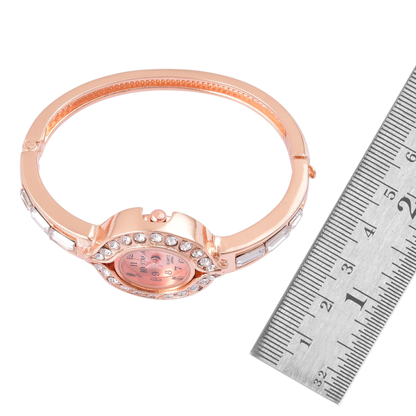 Designer Inspired STRADA Japanese Movement Bangle Watch (Size 7-8) in Rose Gold Tone with White Austrian Crystal and Simulated White Diamond