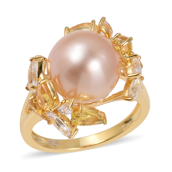 12mm South Sea Golden Pearl and Yellow Sapphire Ring in Gold plated Silver