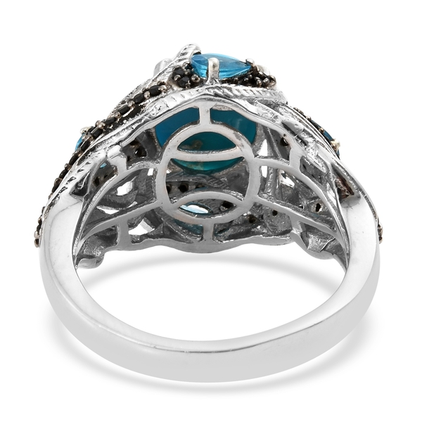 AA Arizona Sleeping Beauty Turquoise (Ovl 4.15 Ct), Malgache Neon Apatite and Boi Ploi Black Spinel Ring in Black Rhodium and Platinum Overlay Sterling Silver 5.750 Ct. Silver wt 6.80 Gms.