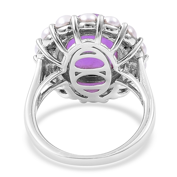 Designer Inspired-Purple Jade (Ovl 6.25 Ct), Fresh Water Pearl Floral Ring in Rhodium Plated Sterling Silver 8.150 Ct. Silver wt. 5.10 Gms.