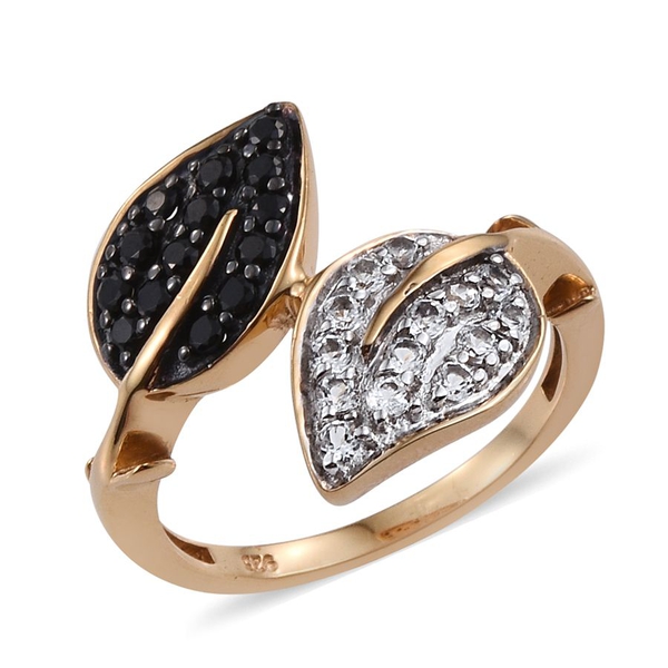 Twin Leaves Boi Ploi Black Spinel, White Topaz Crossover Silver Ring in 14K Gold Overlay 1.000 Ct.