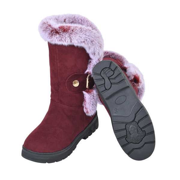 Faux Fur Winter Boots with Buckle (Size 6) - Burgundy