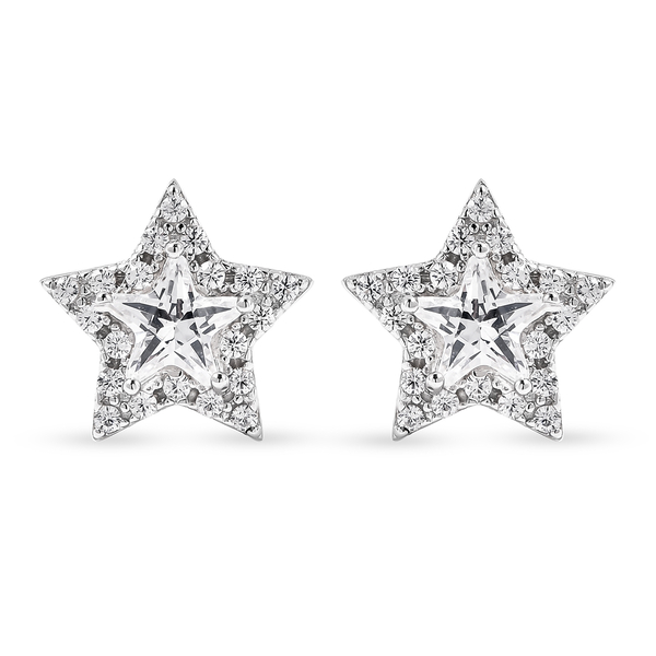 ELANZA Simulated Diamond Star Earrings (With Push Back) in Rhodium Overlay Sterling Silver