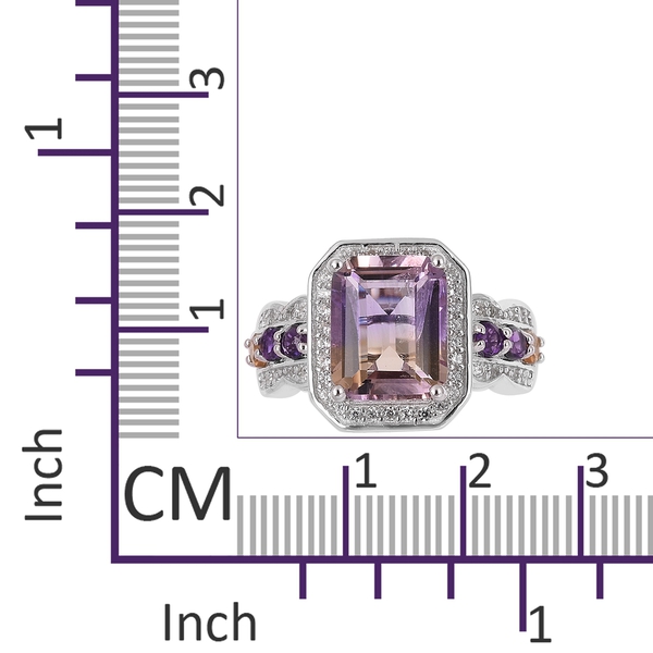 Anahi Ametrine (Oct 3.25 Ct), Amethyst, Citrine and Natural White Cambodian Zircon Ring in Rhodium Overlay Sterling Silver 4.100 Ct.