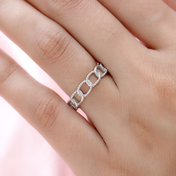 Diamond Curb Ring in Platinum Overlay Sterling Silver