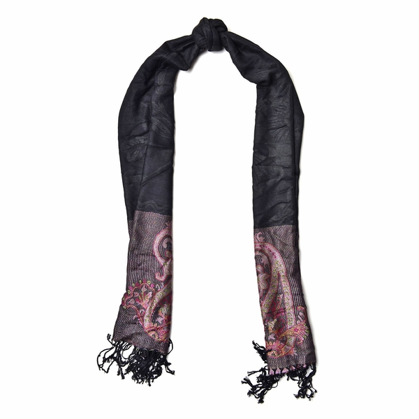 Pink and Multi Colour Floral and Paisley Pattern Black Colour Scarf with Fringes (Size 170x68 Cm)
