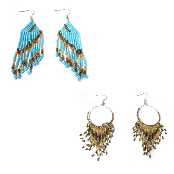 Set of 2 - Blue, Yellow, Brown and White Glass Dangle Hook Earrings in Stainless Steel