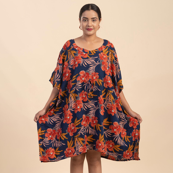 TAMSY 100% Viscose Floral Pattern Kaftan Top with Drawstring (One Size) - Navy