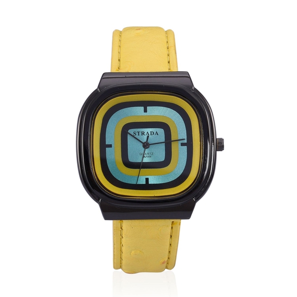 STRADA Japenese Movement Blue, Black and Yellow Dial Water Resistant Watch in Black Tone with Stainl