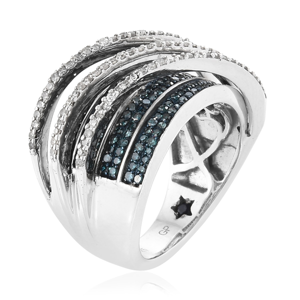 GP Blue and White Diamond (Rnd), Blue Sapphire Ring in Platinum Overlay Sterling Silver 1.070 Ct, Silver wt 7.69 Gms.