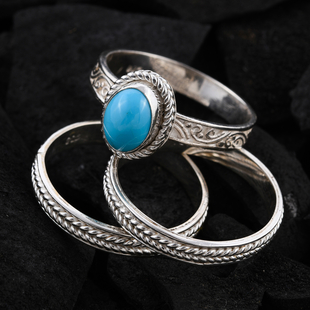 Royal Bali Collection- Set of 3 Arizona Turquoise Sleeping Beauty Ring in Sterling Silver 1.00 Ct, Silver Wt 9.00 Gms
