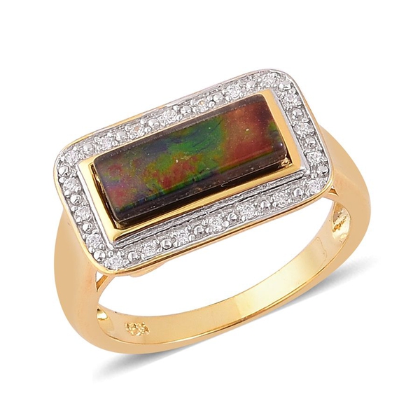 Canadian Ammolite (Bgt 1.75 Ct), White Zircon Ring in Yellow Gold Overlay Sterling Silver 1.900 Ct.