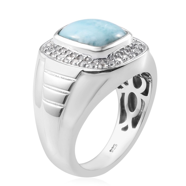 Larimar and Natural Cambodian Zircon Ring in Platinum Overlay Sterling Silver 5.53 Ct, Silver wt 10.00 Gms