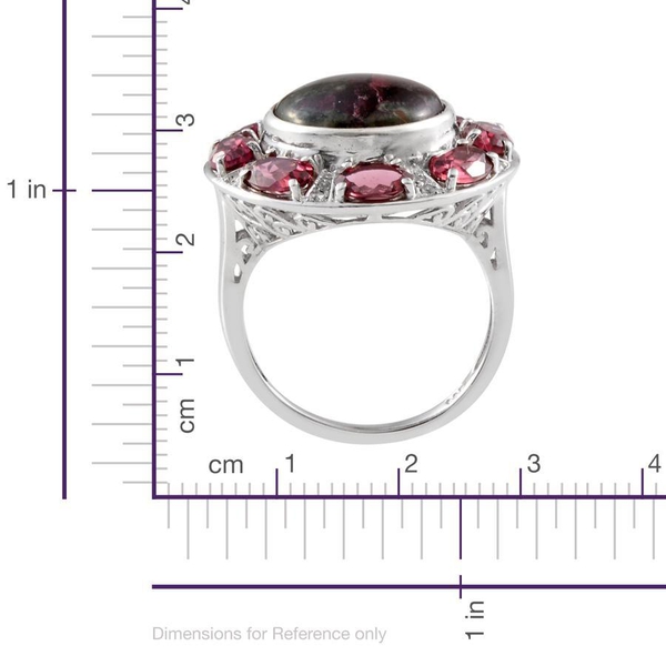 Natural  Eudialyte (Rnd 6.75 Ct), Rhodolite Garnet and White Topaz Ring in Platinum Overlay Sterling Silver 11.250 Ct.