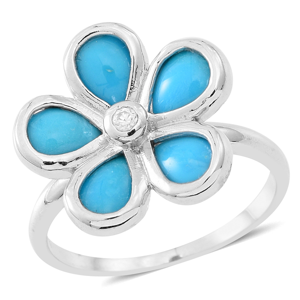 Arizona Sleeping Beauty Turquoise (Pear), White Zircon Floral Ring in Rhodium Plated Sterling Silver