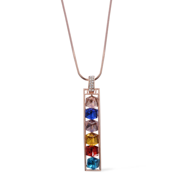 Multi Colour Glass and White Austrian Crystal Pendant With Chain in Rose Gold Tone