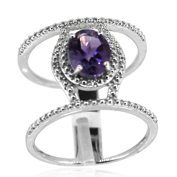 Amethyst (Ovl 1.60 Ct), White Topaz Ring in Rhodium Plated Sterling Silver 1.620 Ct.