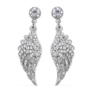 White Austrian Crystal Angel Wing Dangling Earrings ( With Push Back) in Silver Tone