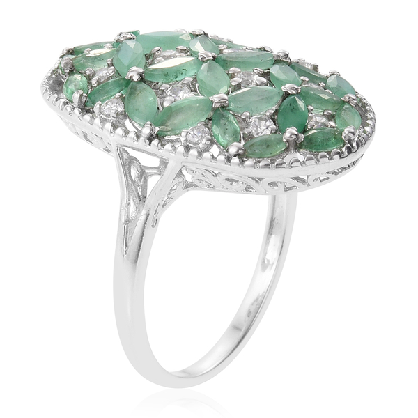 Kagem Zambian Emerald (Mrq), Natural Cambodian Zircon Floral Ring in Platinum Overlay Sterling Silver 3.000 Ct.